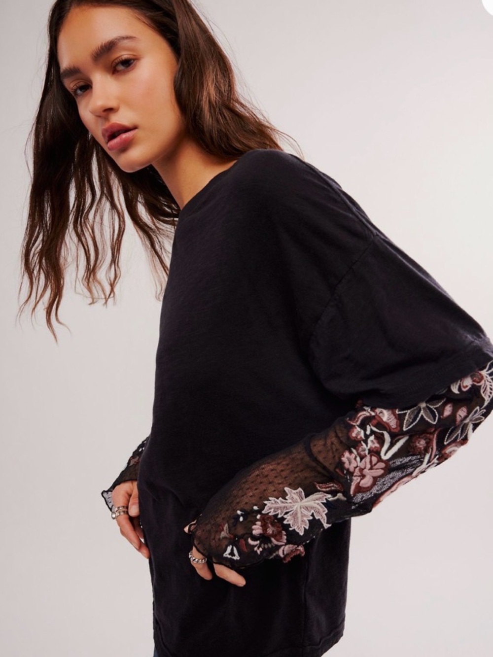 Free People Black Tee with Embroidered Sheer Floral Sleeves - Picture 5 of 6